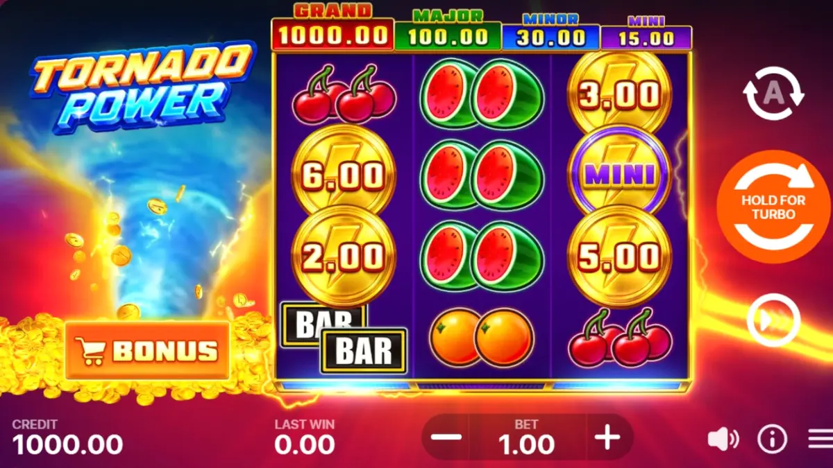 Tampilan visual slot Tornado Power: Hold and Win dengan tema badai dan buah klasik
