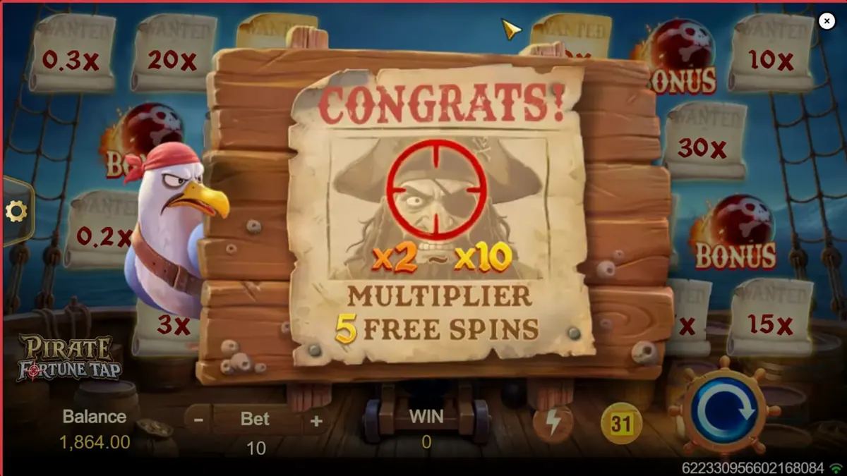 Tampilan layar permainan Pirate Fortune Tap pada perangkat seluler dengan latar belakang laut dan kapal bajak laut.