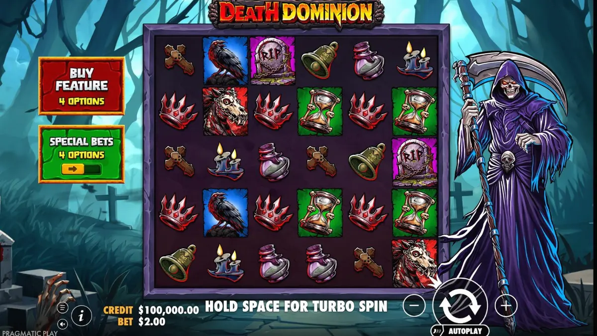 Tampilan visual slot Death Dominion dengan tema horor gotik dan simbol-simbol supranatural.